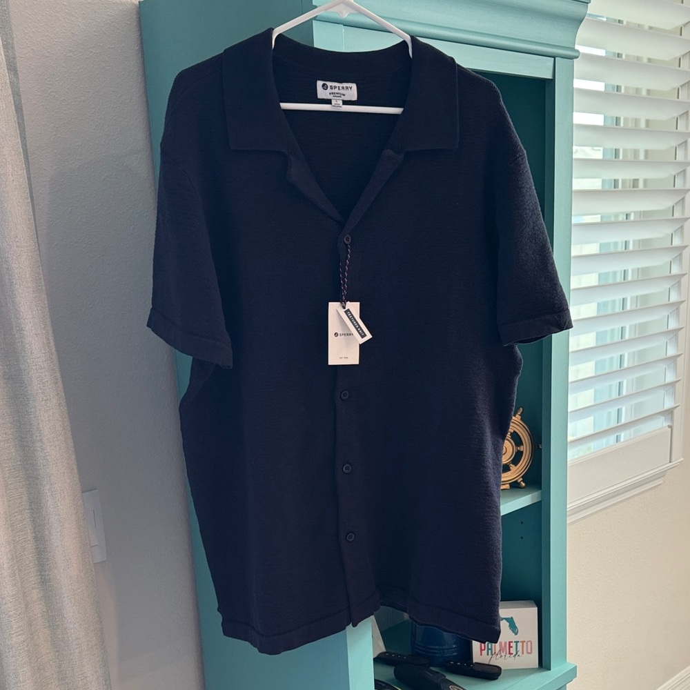 Sperry Men's Navy Textured Knit Casual Button Down Shirt Large NWT